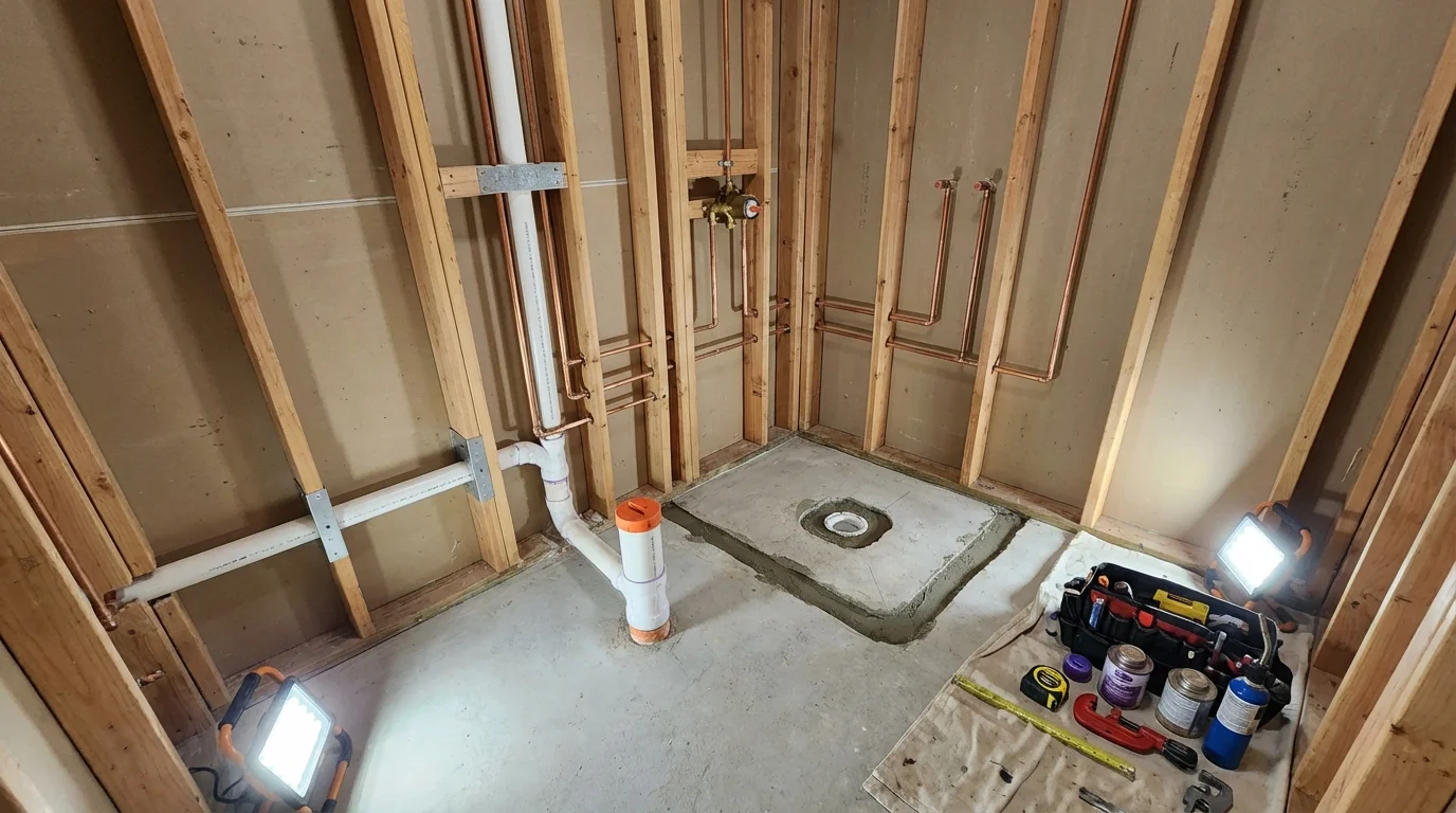 Bathroom rough-in plumbing during remodel by Johns Plumbing LLC in Ladysmith