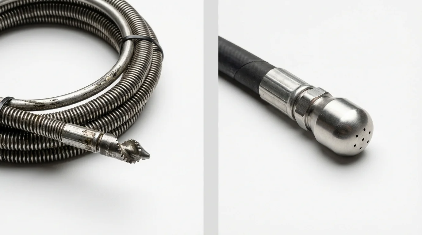 Drain snake cable and hydro jetting nozzle used for drain cleaning in Ladysmith, WI