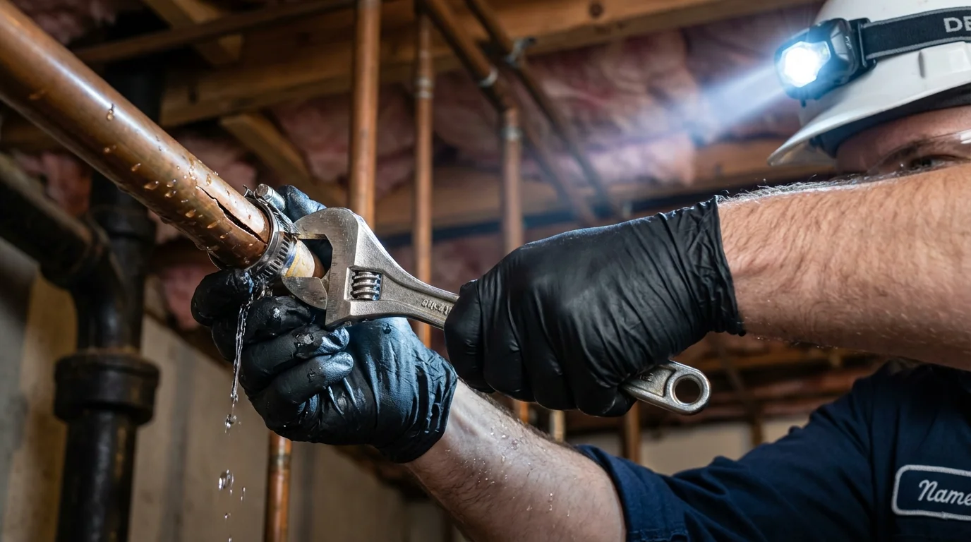 Emergency pipe clamp repair being performed by a Johns Plumbing LLC plumber in Ladysmith