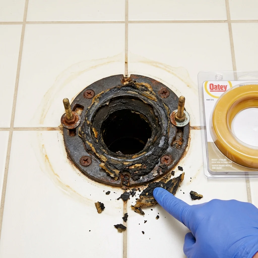 Failed wax ring showing water seepage at the base of a toilet in a Ladysmith, WI home
