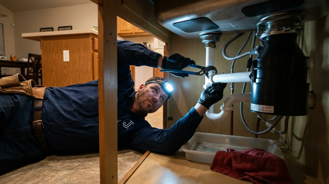 P-trap and supply line connections under a kitchen sink showing a common leak point in Ladysmith, WI
